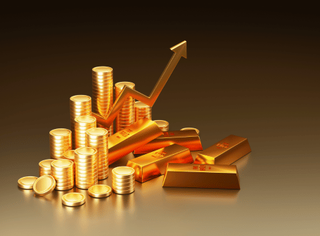 Stacks of gold coins and gold bars with an upward-pointing arrow, symbolising rising gold coin prices and market fluctuations.